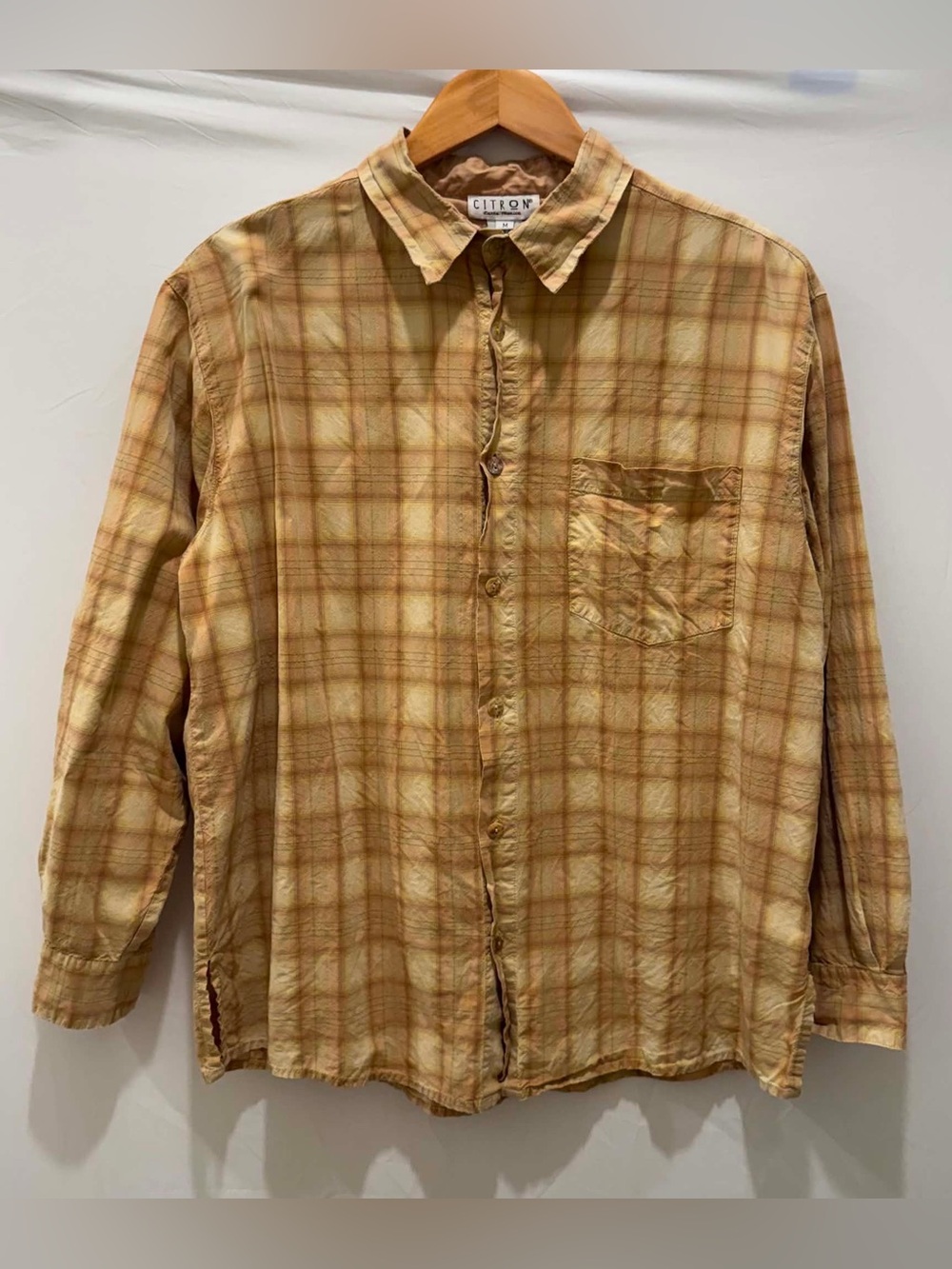 Vintage Citron Santa Monica Women Yellow Plaid Button-Up Top Silk long sleeve M